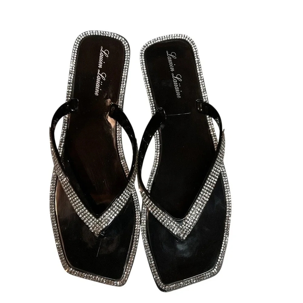 Lauren Lorraine Tampa Rhinestone Flip Flops Jelly Thong Sandals Black Size 6 NWB